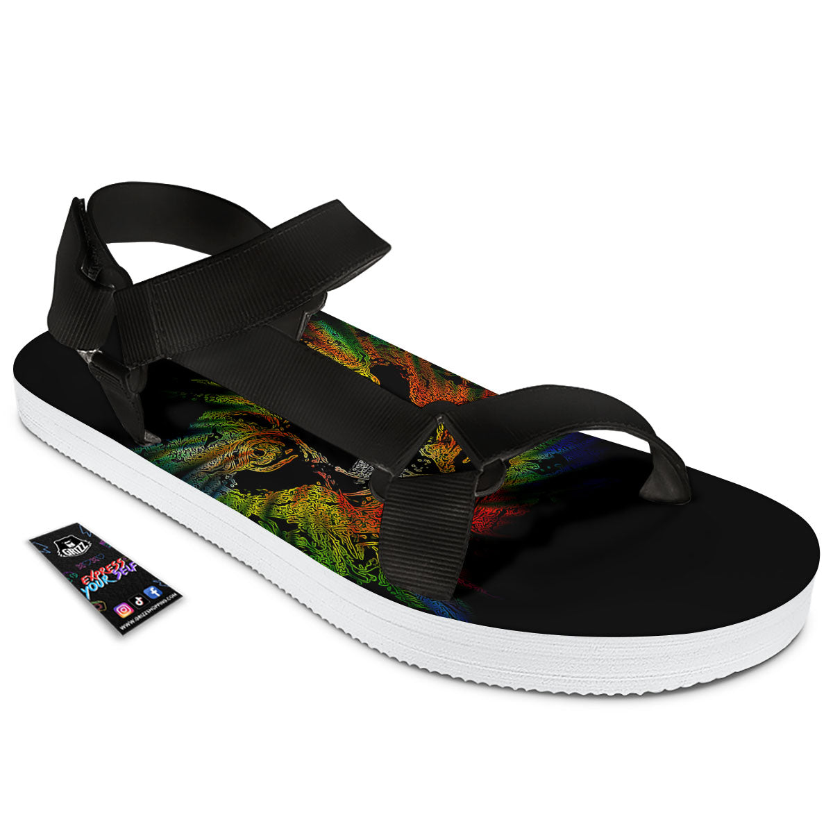 Rasta Lion Grunge Print Black Open Toe Sandals-grizzshop