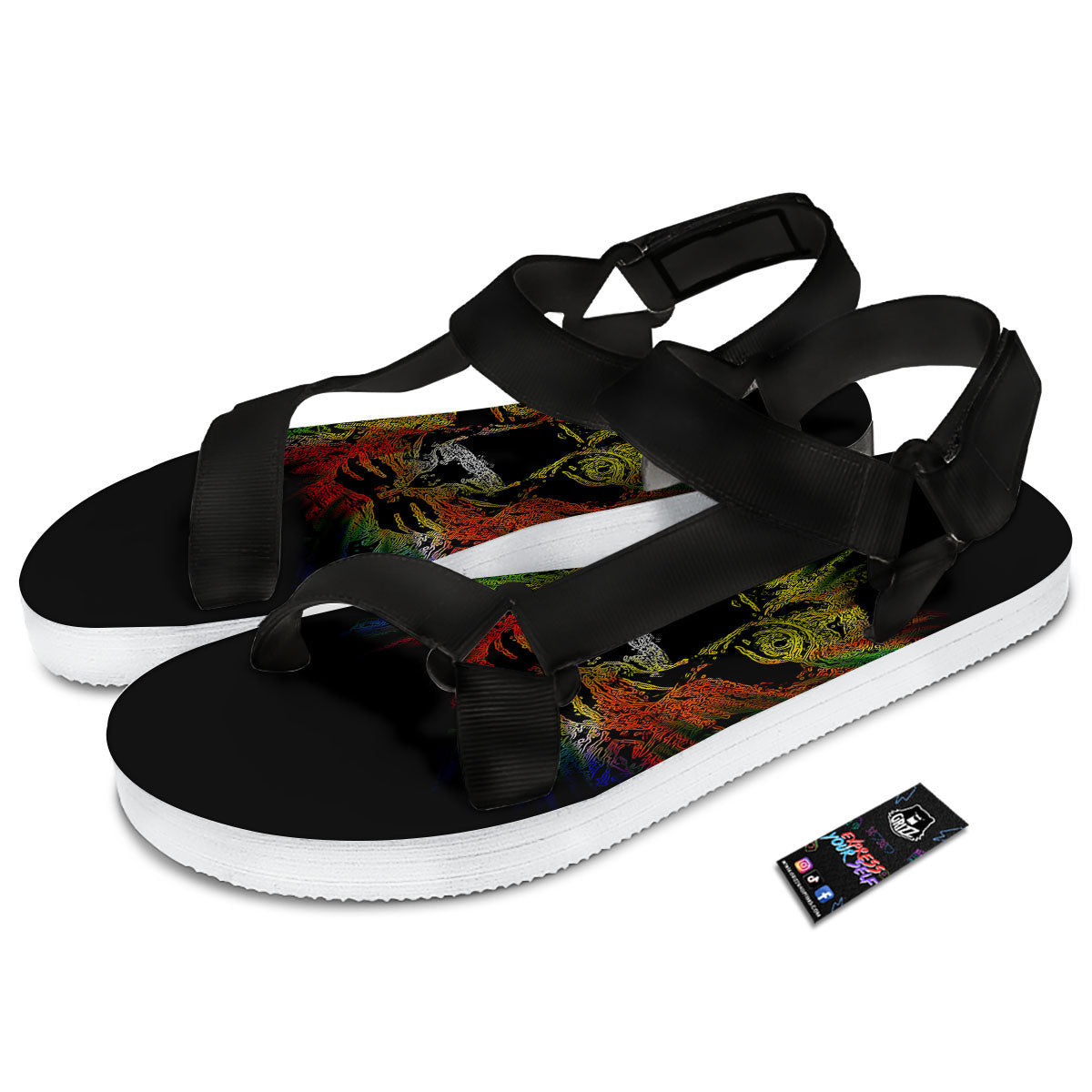 Rasta Lion Grunge Print Black Open Toe Sandals-grizzshop