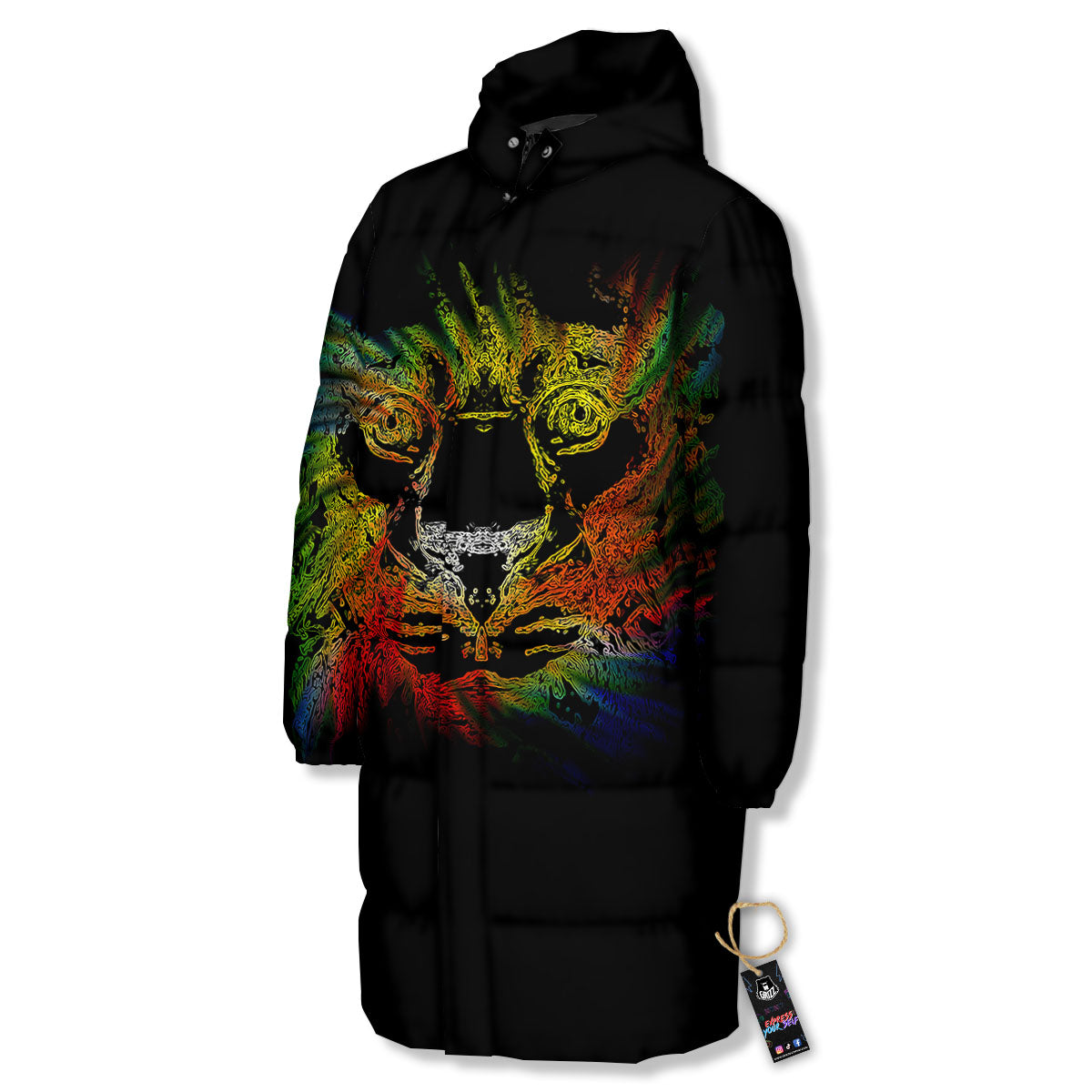 Rasta Lion Grunge Print Long Down Jacket-grizzshop