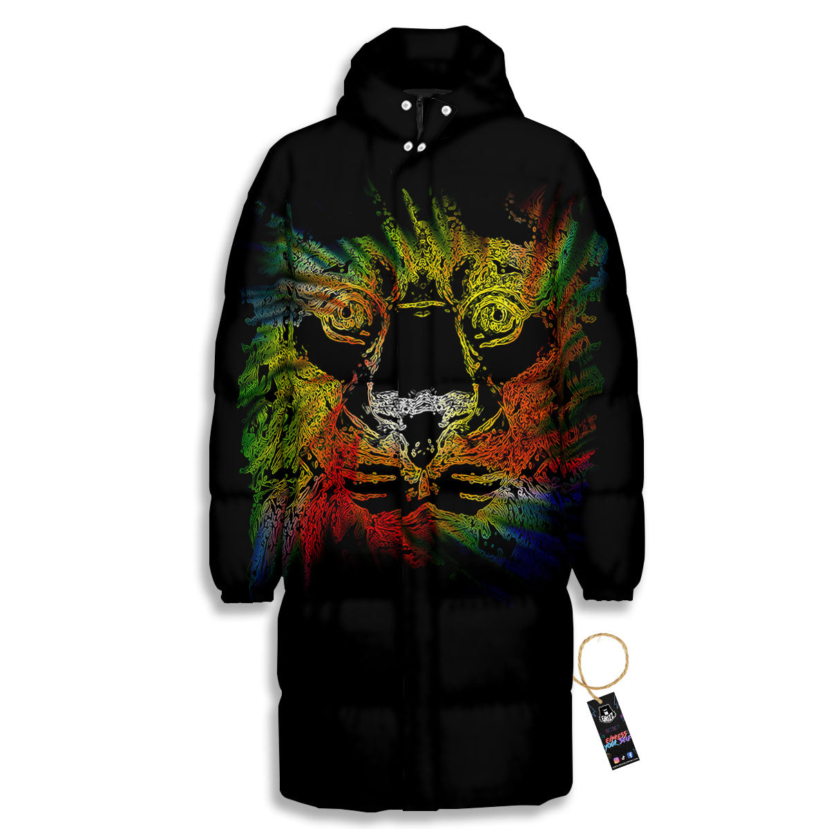 Rasta Lion Grunge Print Long Down Jacket-grizzshop
