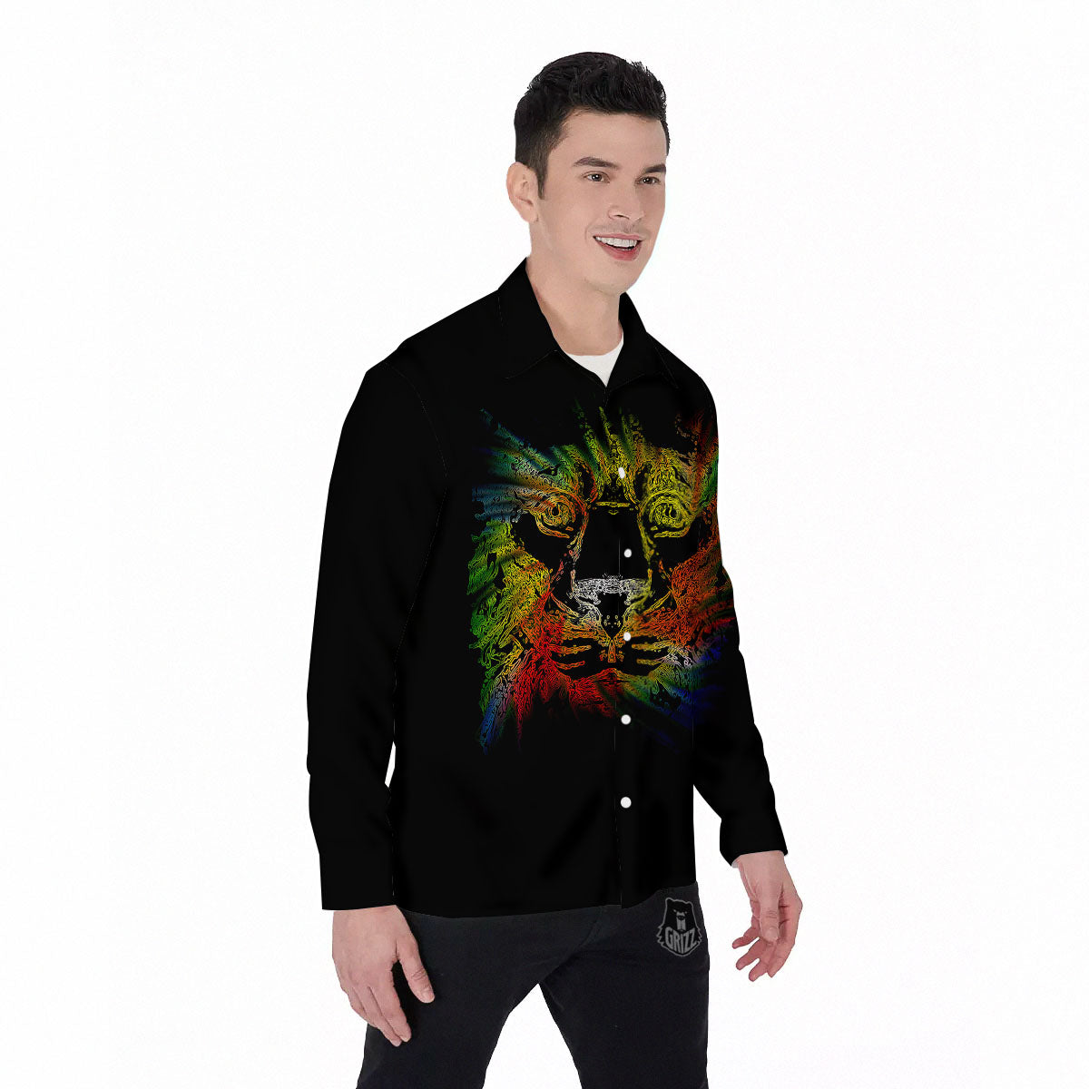 Rasta Lion Grunge Print Men's Long Sleeve Shirts-grizzshop