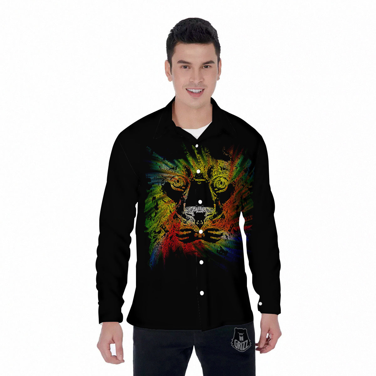 Rasta Lion Grunge Print Men's Long Sleeve Shirts-grizzshop