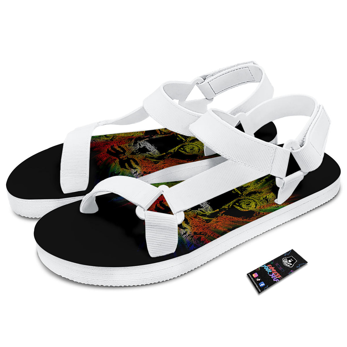 Rasta Lion Grunge Print White Open Toe Sandals-grizzshop
