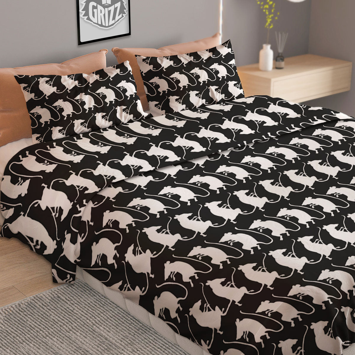 Rat White And Black Print Pattern Duvet Cover Bedding Set