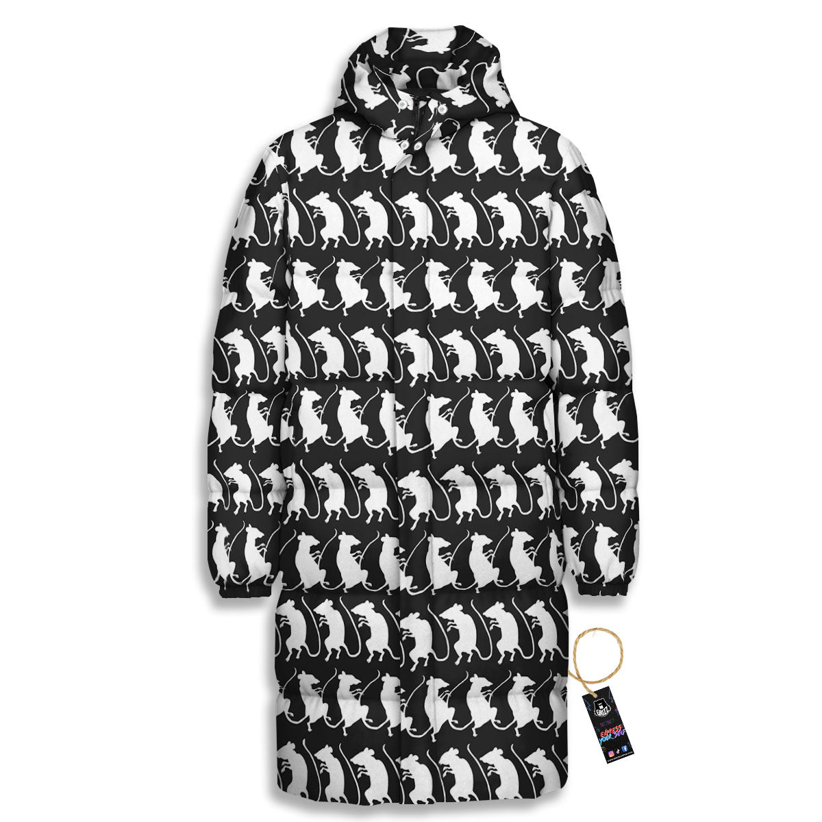 Rat White And Black Print Pattern Long Down Jacket-grizzshop
