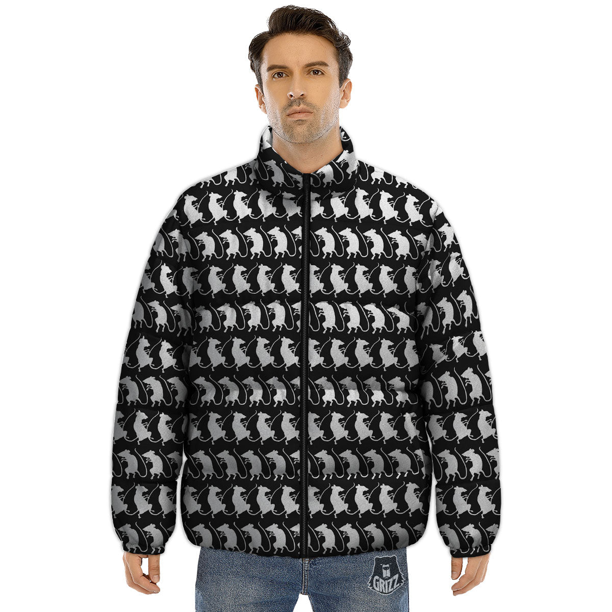 Rat White And Black Print Pattern Puffer Jacket-grizzshop