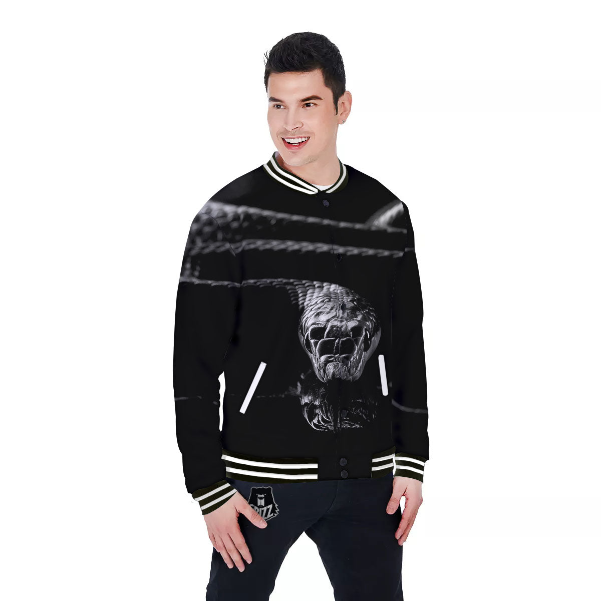 Ratsnake Rhinoceros Monochrome Print Baseball Jacket-grizzshop