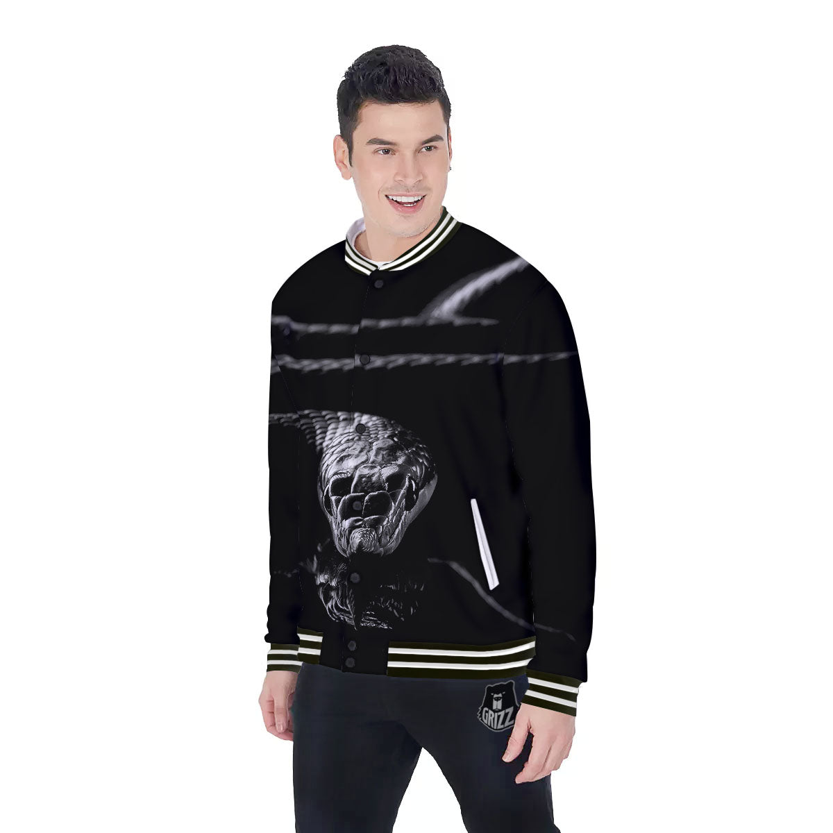 Ratsnake Rhinoceros Monochrome Print Baseball Jacket-grizzshop