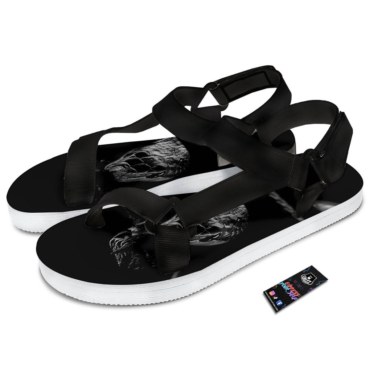 Ratsnake Rhinoceros Monochrome Print Black Open Toe Sandals-grizzshop