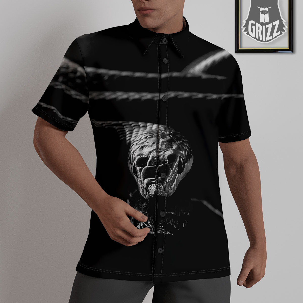 Ratsnake Rhinoceros Monochrome Print Untucked Shirts-grizzshop