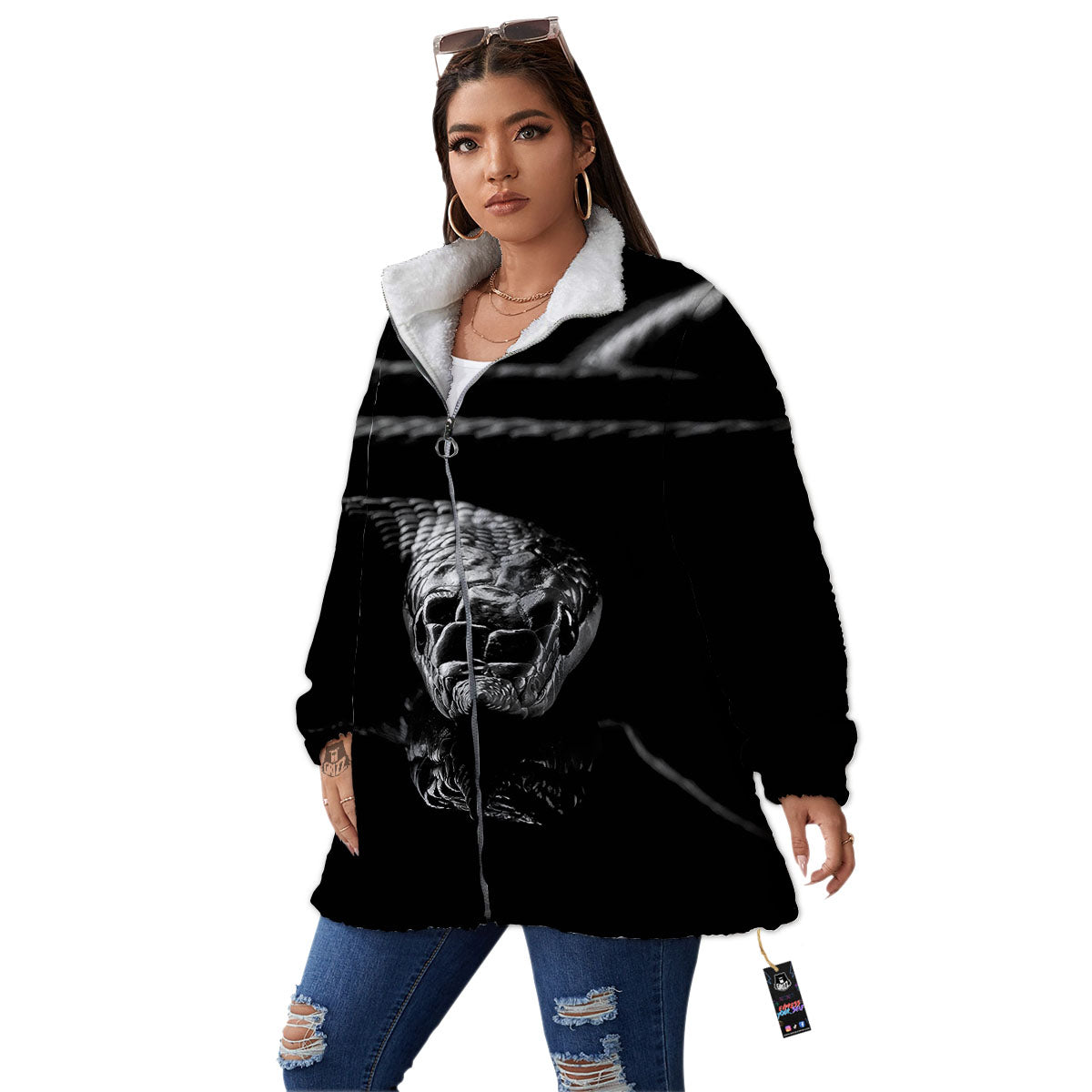 Ratsnake Rhinoceros Monochrome Print Women's Sherpa Jacket-grizzshop