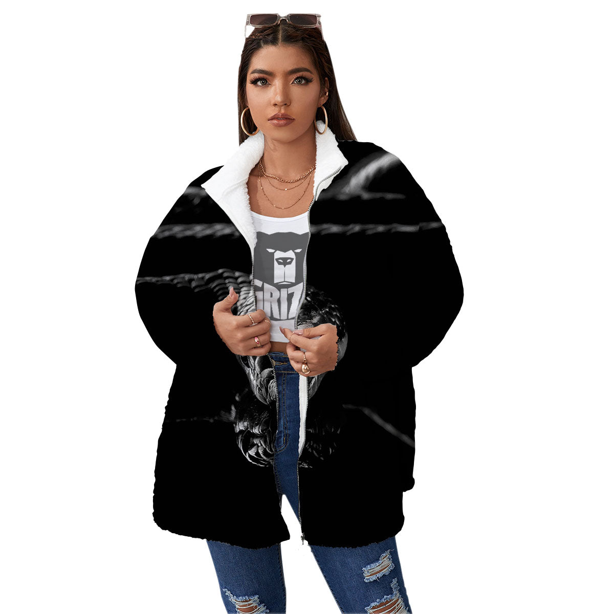 Ratsnake Rhinoceros Monochrome Print Women's Sherpa Jacket-grizzshop