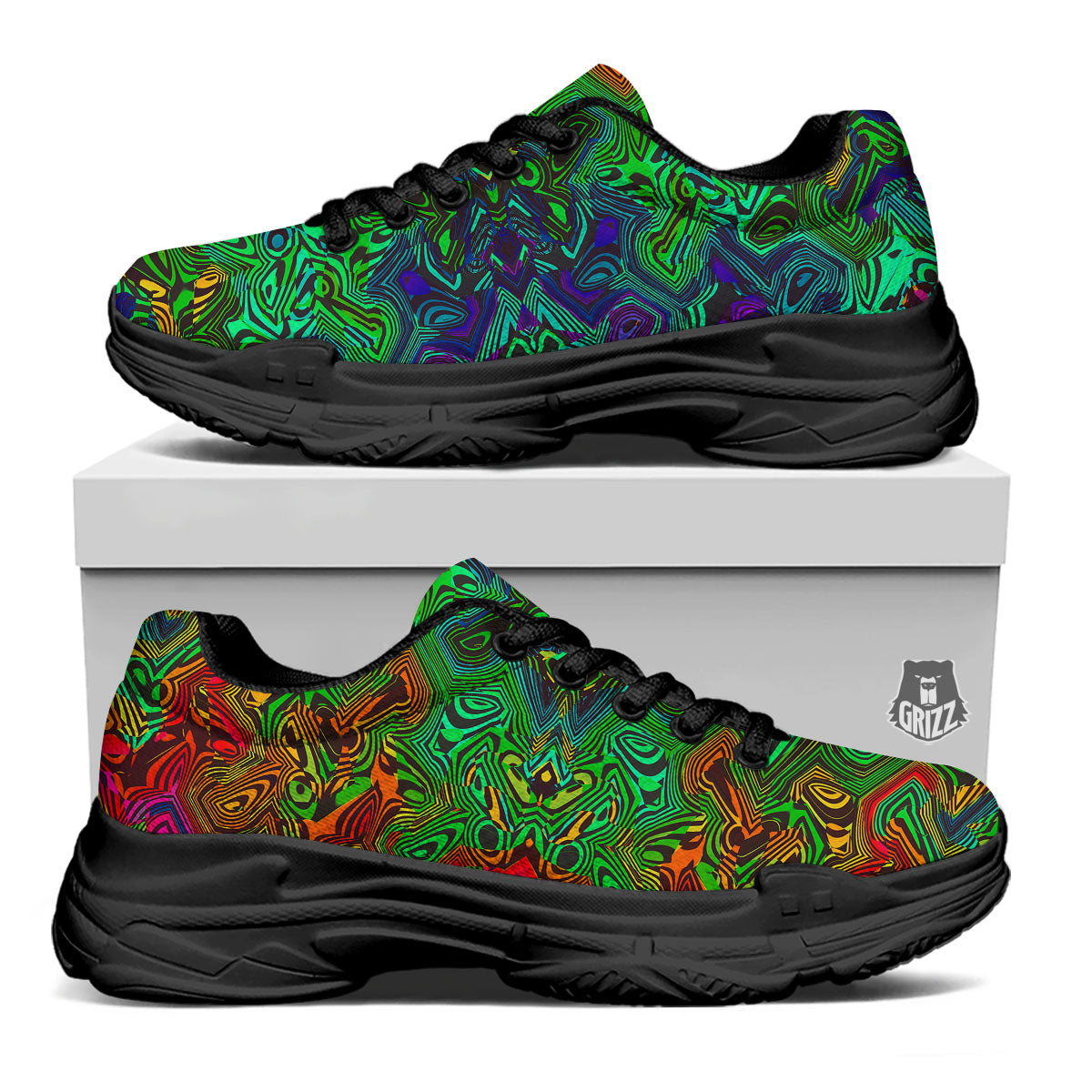 Rave Psychedelic Print Pattern Black Chunky Shoes-grizzshop