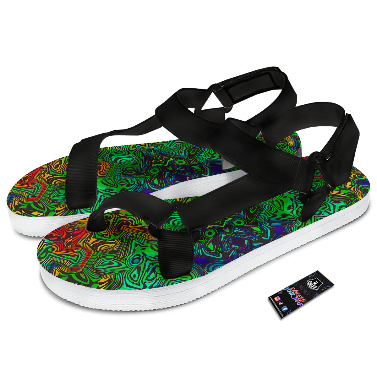 Rave Psychedelic Print Pattern Black Open Toe Sandals-grizzshop