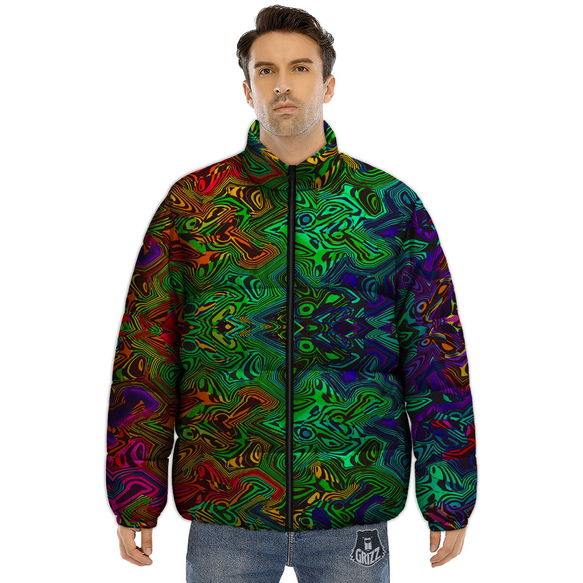 Rave Psychedelic Print Pattern Puffer Jacket-grizzshop