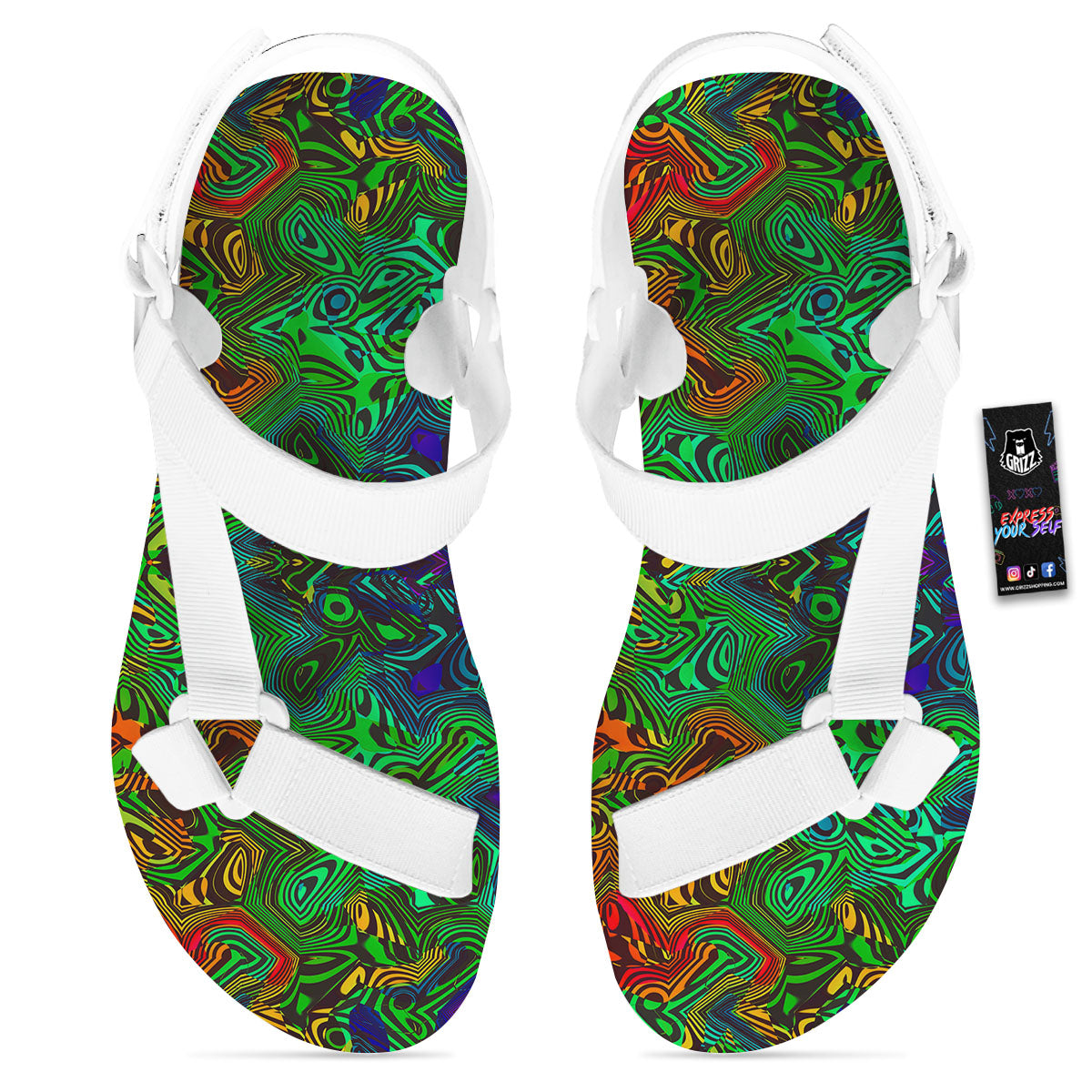 Rave Psychedelic Print Pattern White Open Toe Sandals-grizzshop