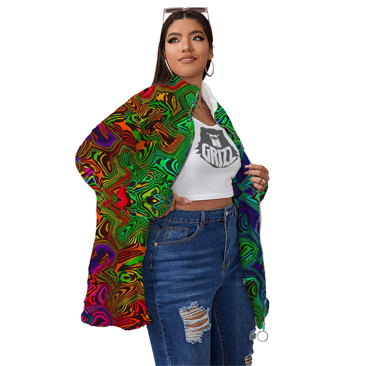 Rave Psychedelic Print Pattern Women's Sherpa Jacket-grizzshop