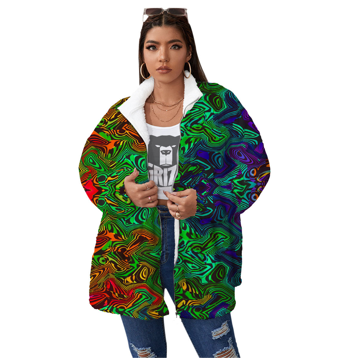 Rave Psychedelic Print Pattern Women's Sherpa Jacket-grizzshop
