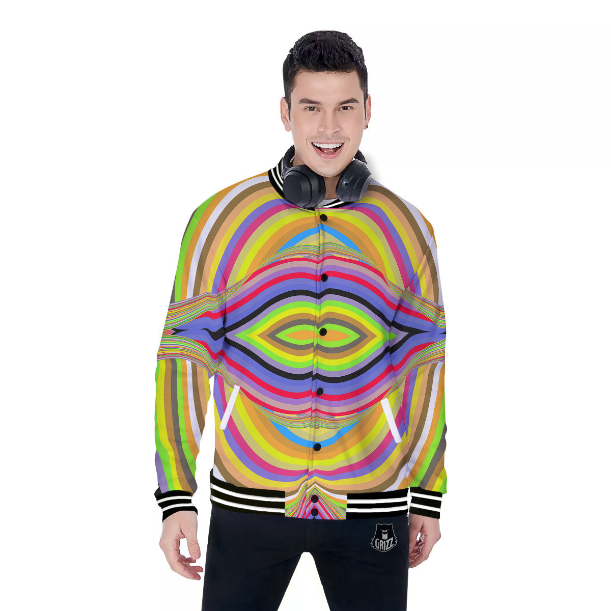 Rave Rainbow Print Pattern Baseball Jacket-grizzshop