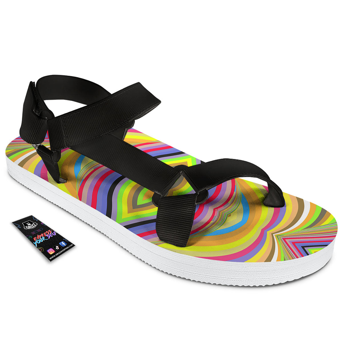 Rave Rainbow Print Pattern Black Open Toe Sandals-grizzshop