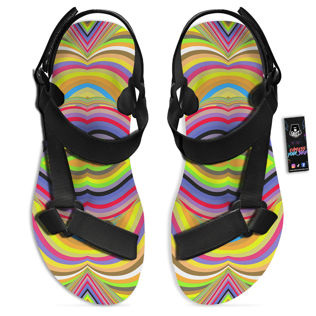 Rave Rainbow Print Pattern Black Open Toe Sandals-grizzshop