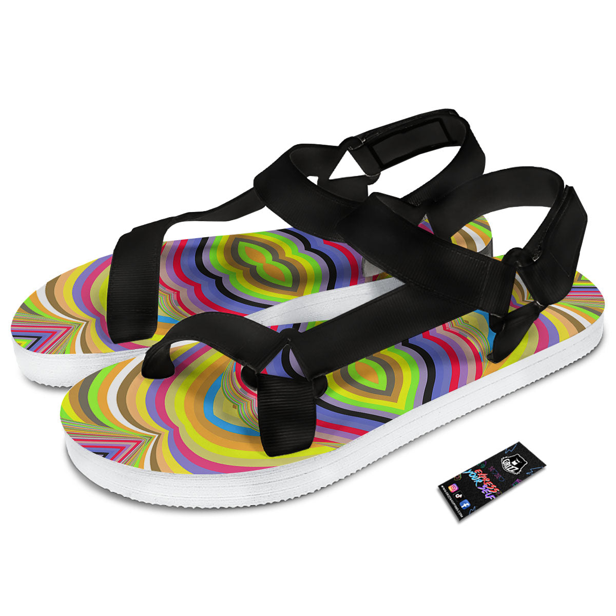 Rave Rainbow Print Pattern Black Open Toe Sandals-grizzshop