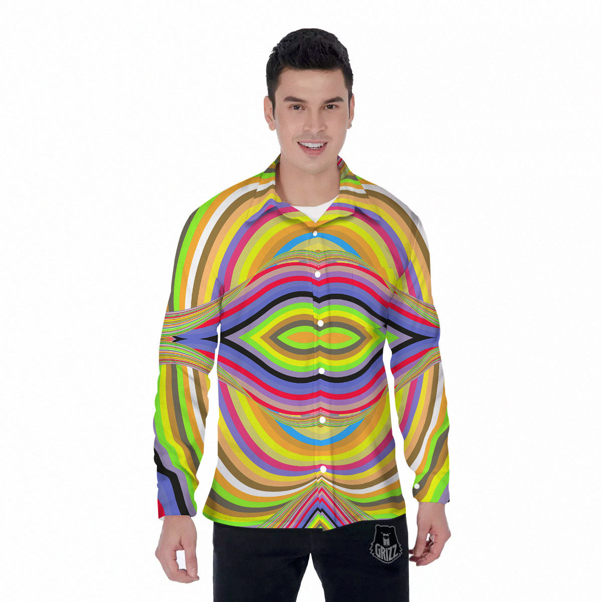 Rave Rainbow Print Pattern Men's Long Sleeve Shirts-grizzshop