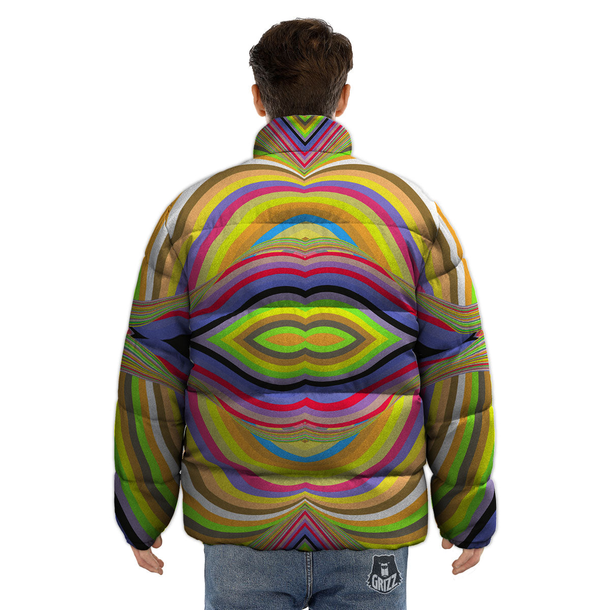 Rave Rainbow Print Pattern Puffer Jacket-grizzshop