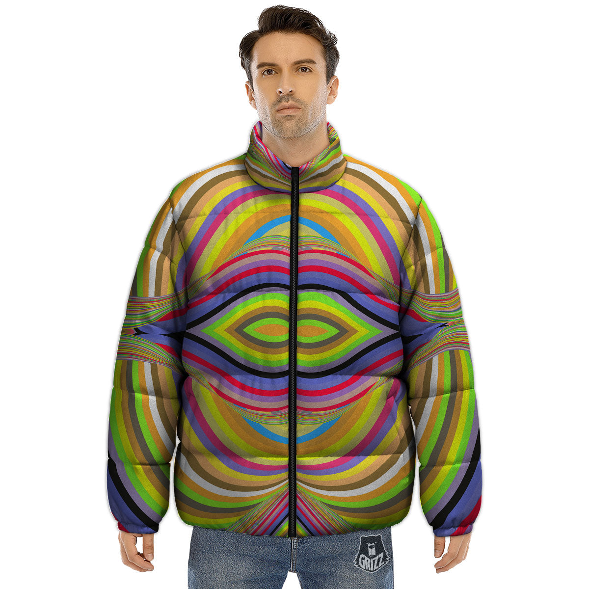 Rave Rainbow Print Pattern Puffer Jacket-grizzshop
