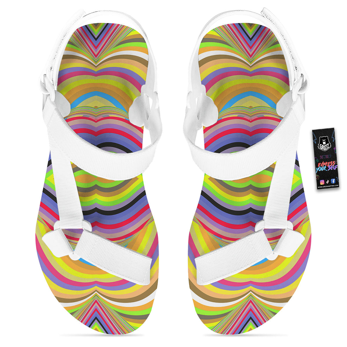 Rave Rainbow Print Pattern White Open Toe Sandals-grizzshop