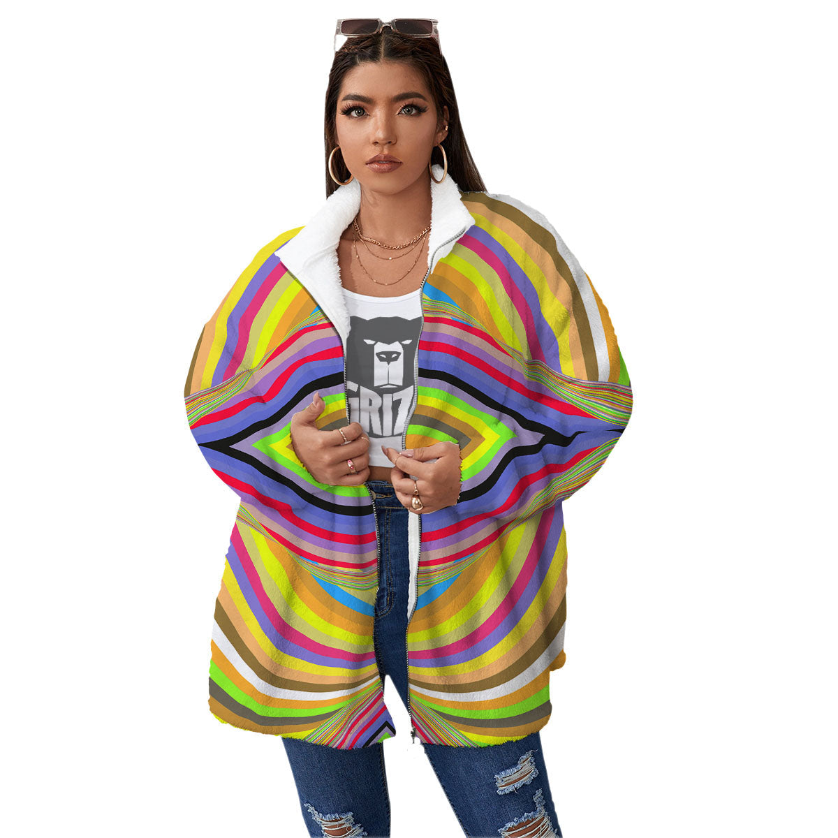 Rave Rainbow Print Pattern Women's Sherpa Jacket-grizzshop