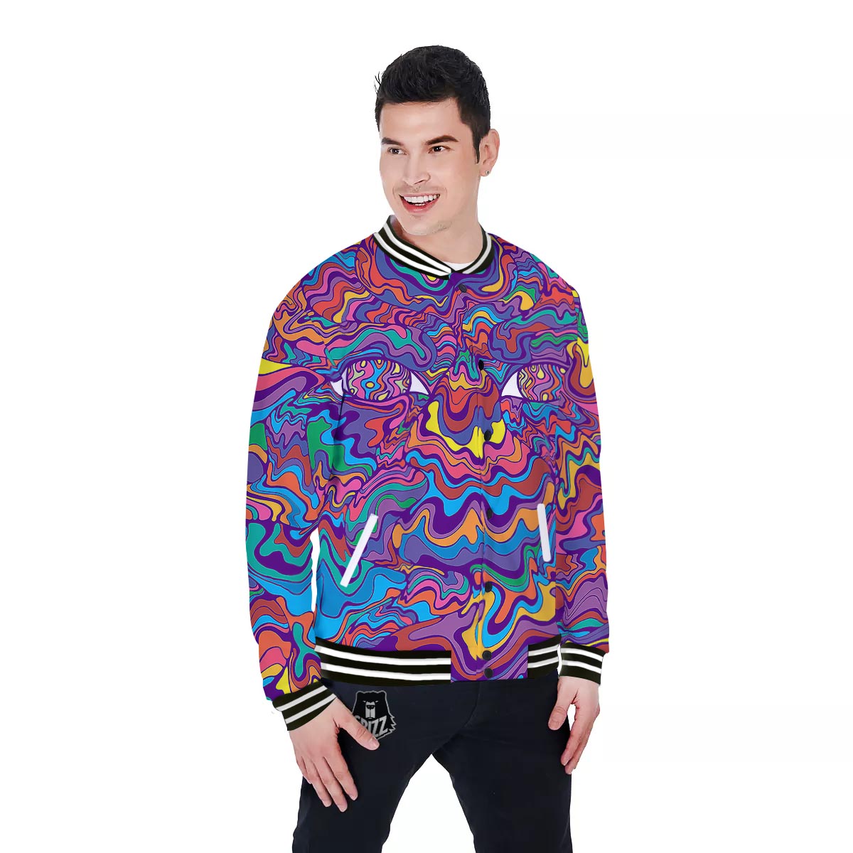 Rave Trippy Print Baseball Jacket-grizzshop