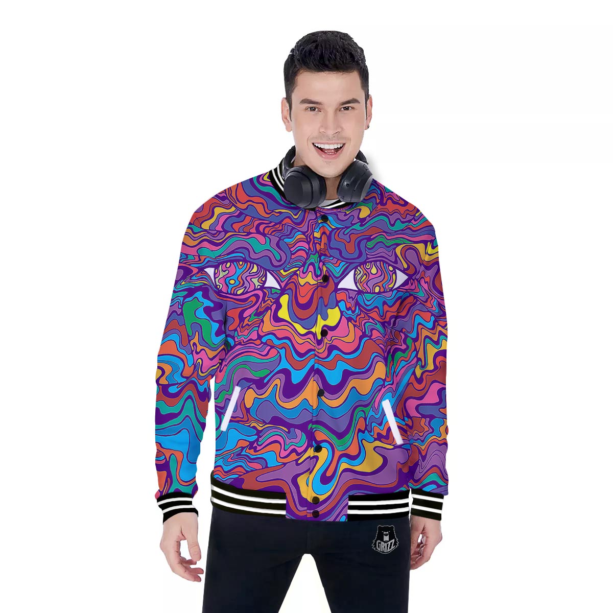 Rave Trippy Print Baseball Jacket-grizzshop