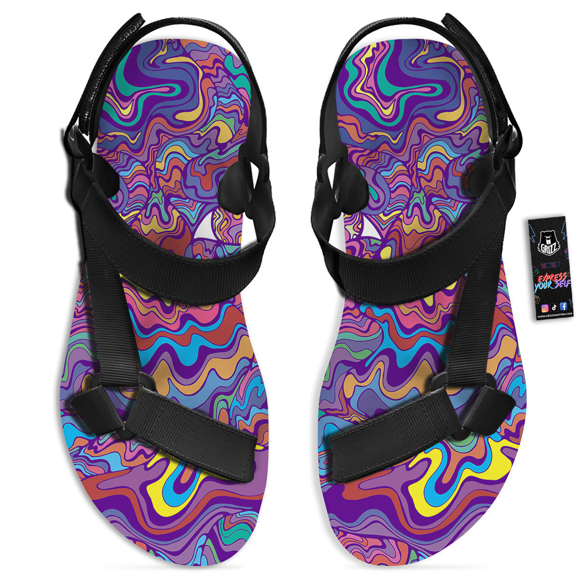 Rave Trippy Print Black Open Toe Sandals-grizzshop