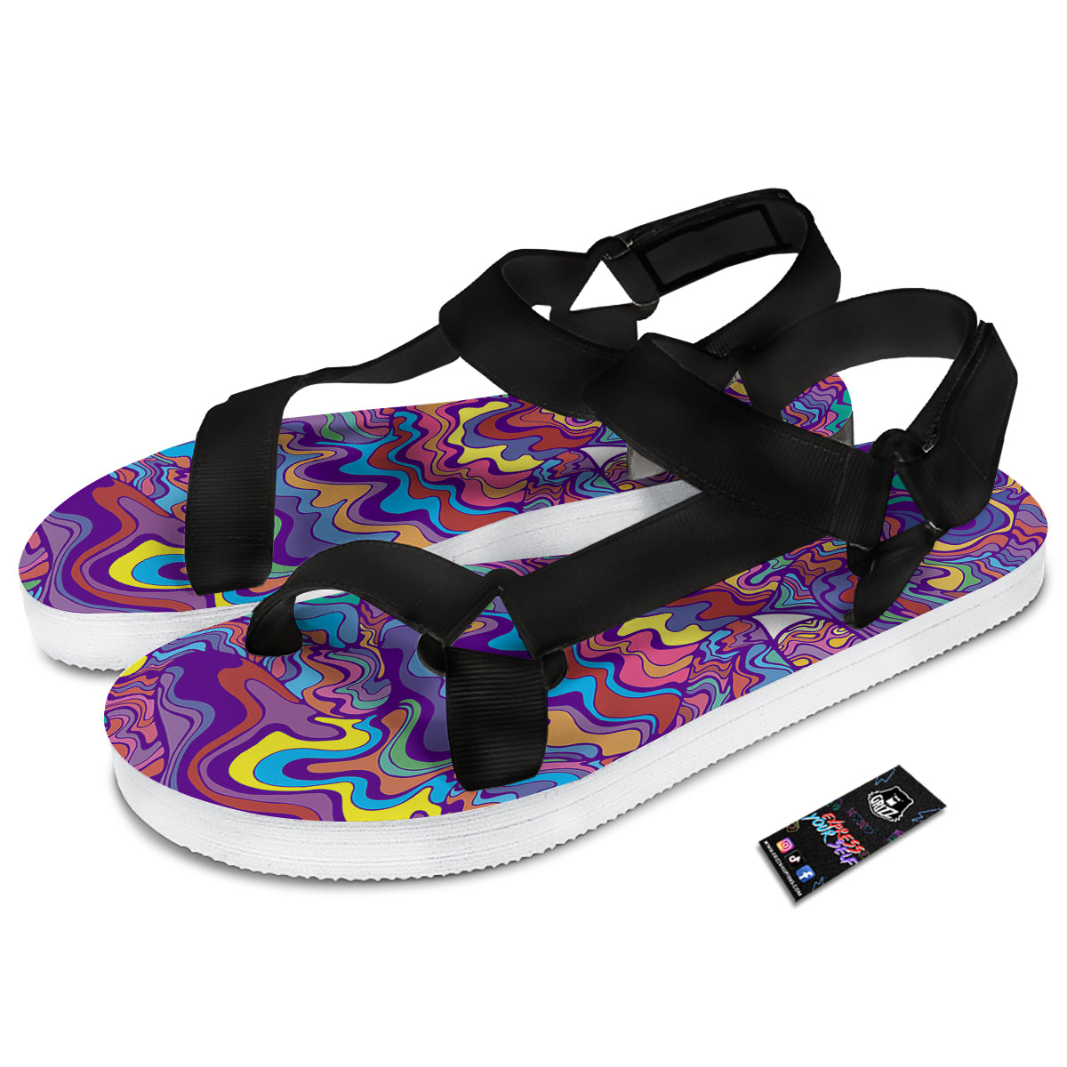 Rave Trippy Print Black Open Toe Sandals-grizzshop