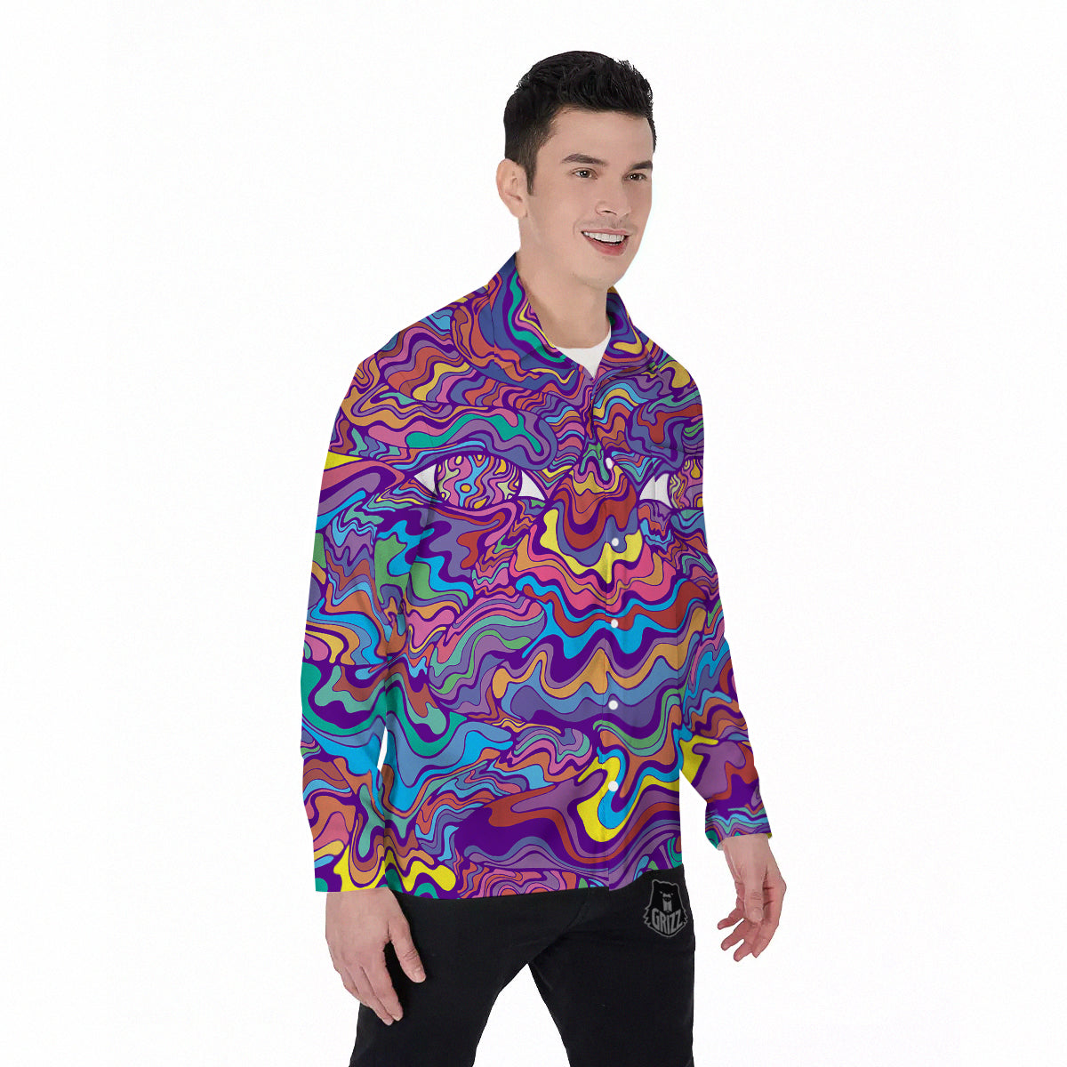 Rave Trippy Print Men's Long Sleeve Shirts-grizzshop
