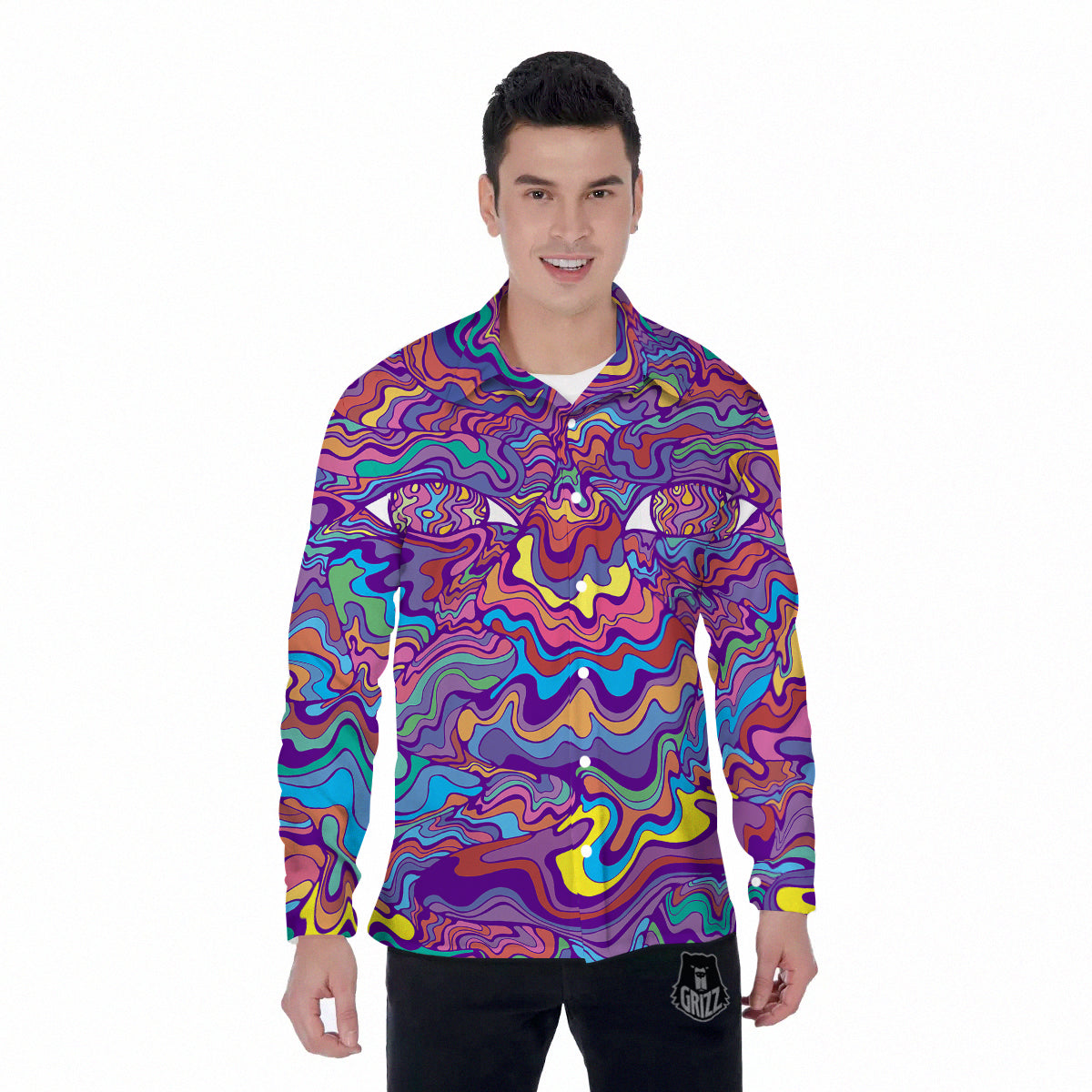 Rave Trippy Print Men's Long Sleeve Shirts-grizzshop