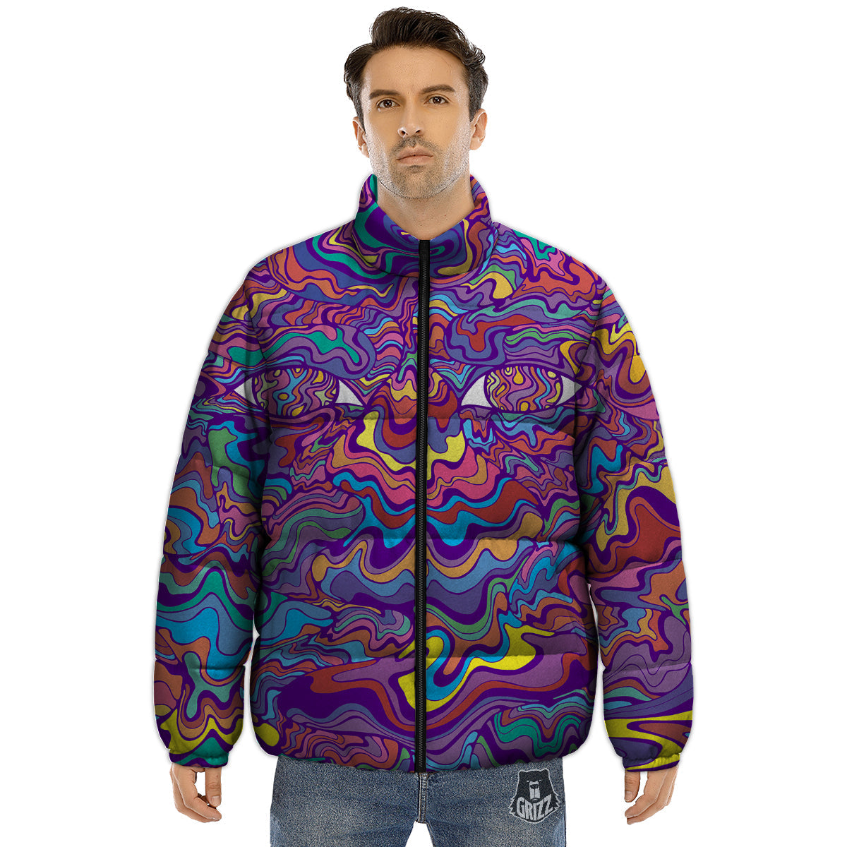 Rave Trippy Print Puffer Jacket-grizzshop