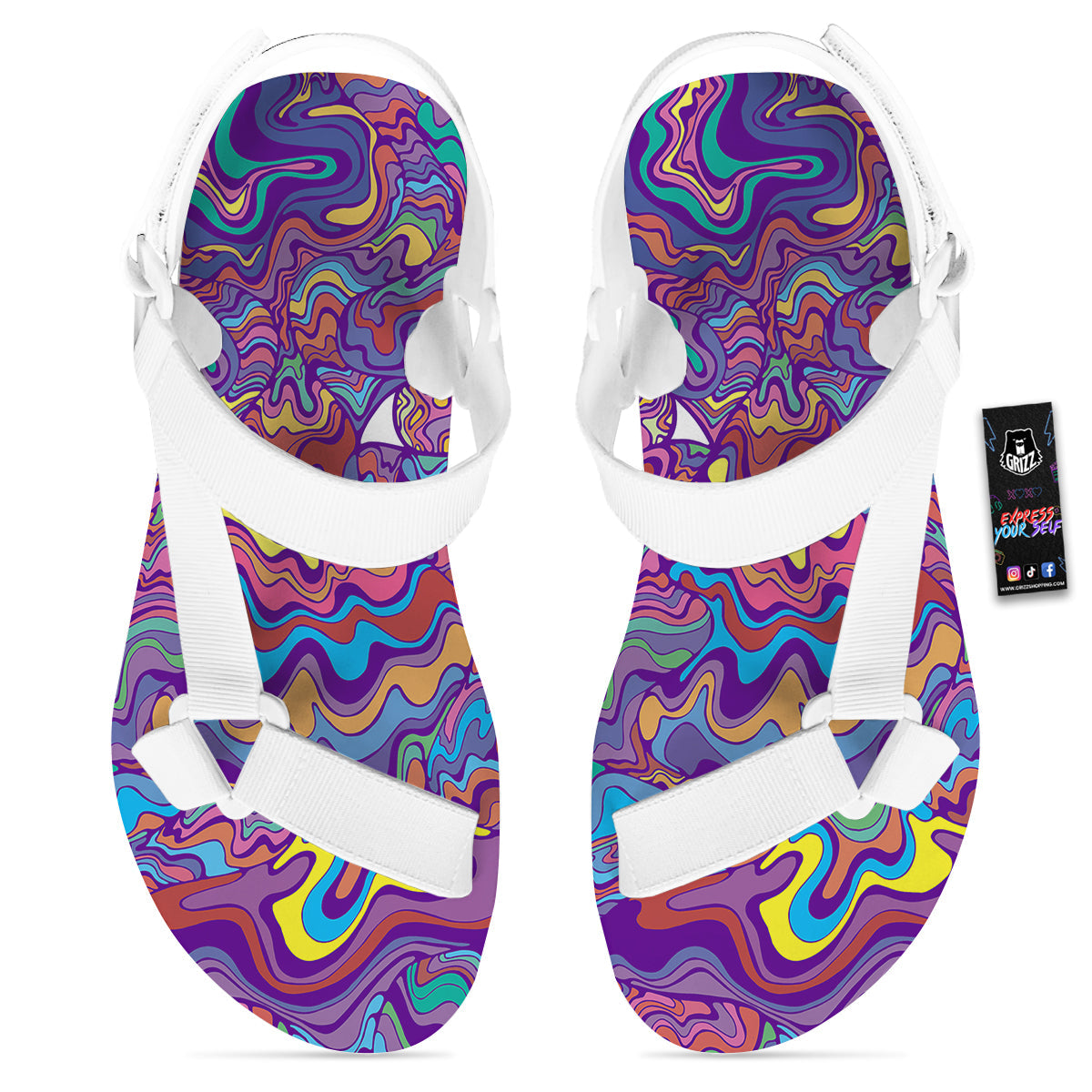 Rave Trippy Print White Open Toe Sandals-grizzshop