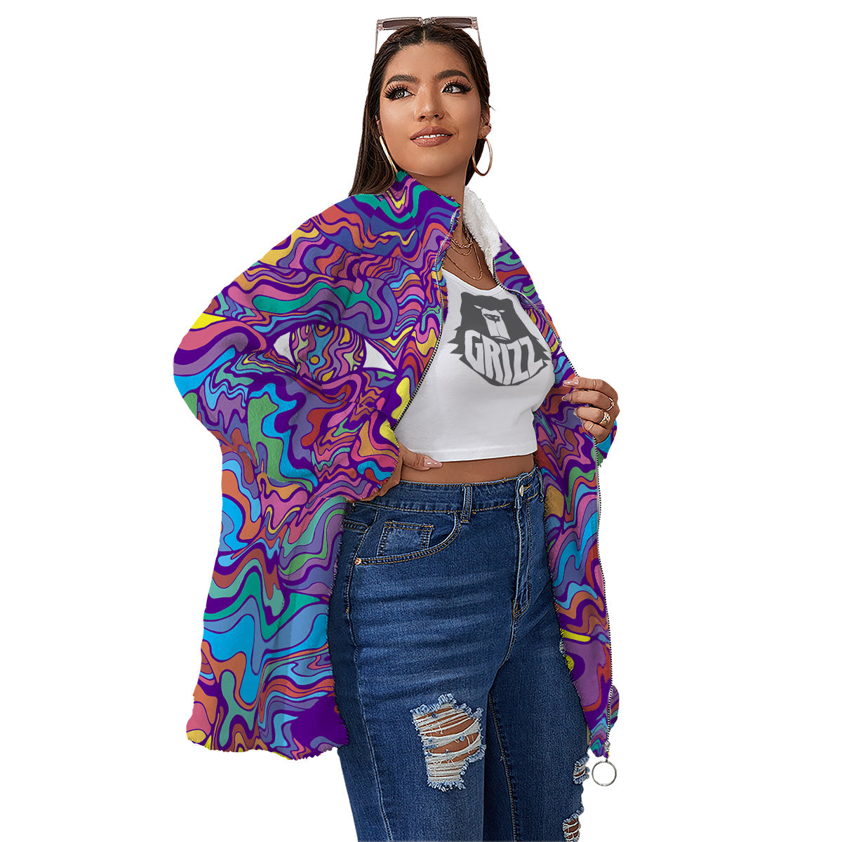Rave Trippy Print Women's Sherpa Jacket-grizzshop