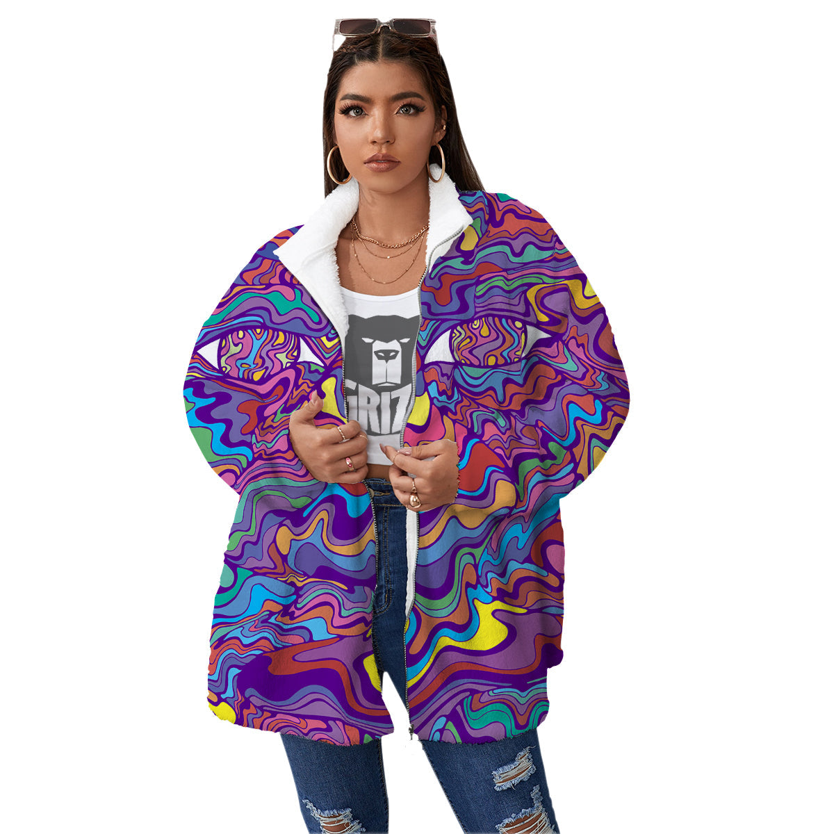 Rave Trippy Print Women's Sherpa Jacket-grizzshop