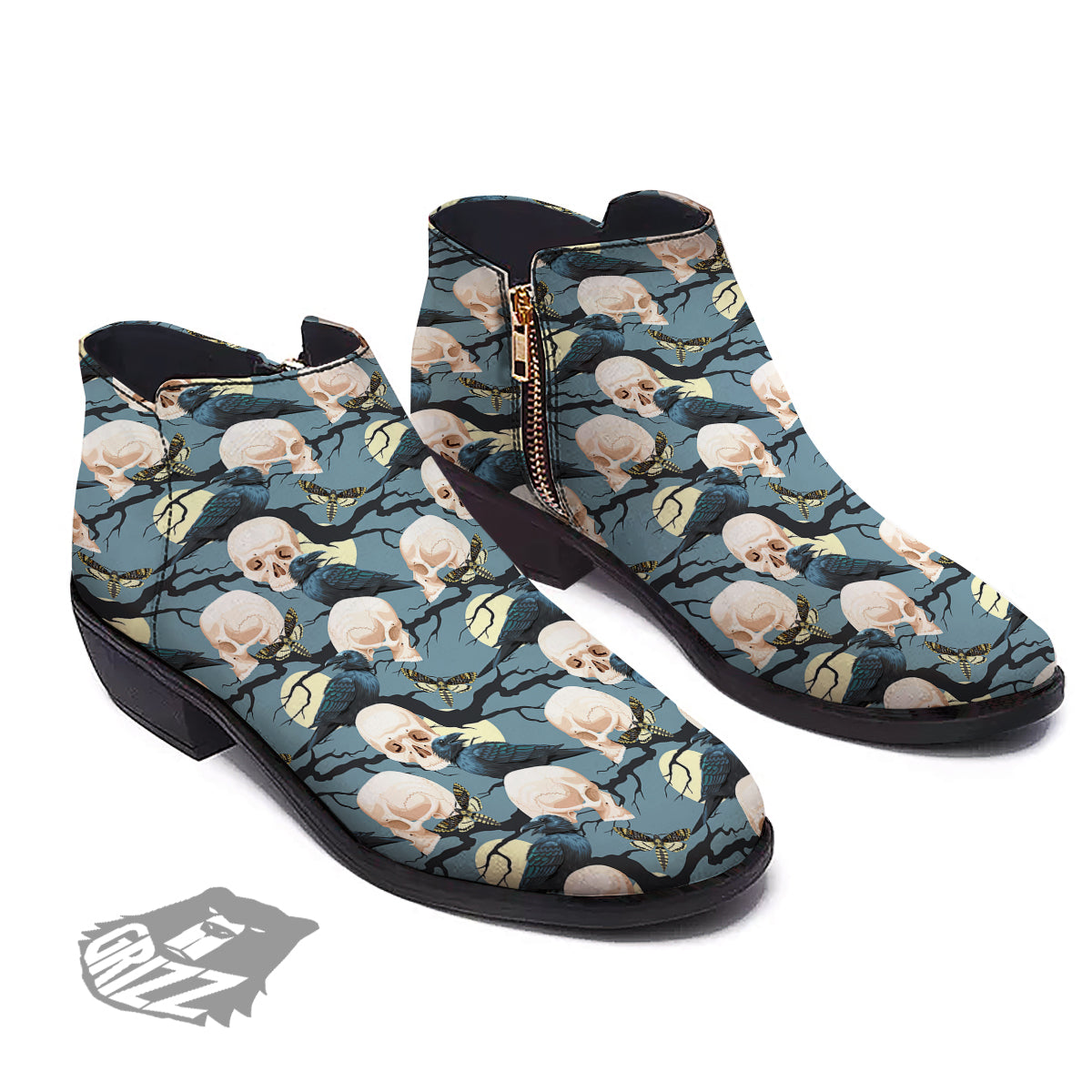 Raven Skull Print Pattern Ankle Boots-grizzshop