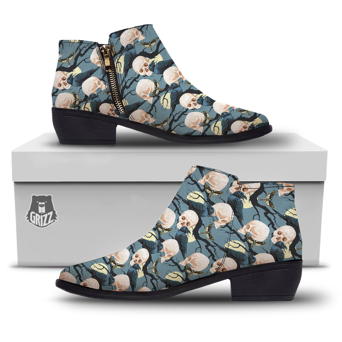 Raven Skull Print Pattern Ankle Boots-grizzshop