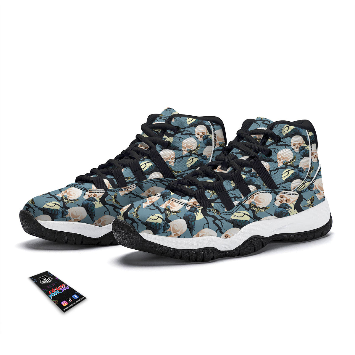 Raven Skull Print Pattern Black Bball Shoes-grizzshop