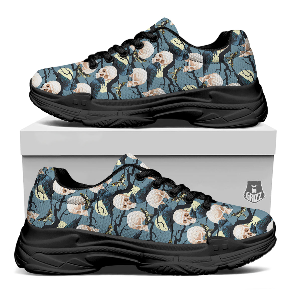 Raven Skull Print Pattern Black Chunky Shoes-grizzshop