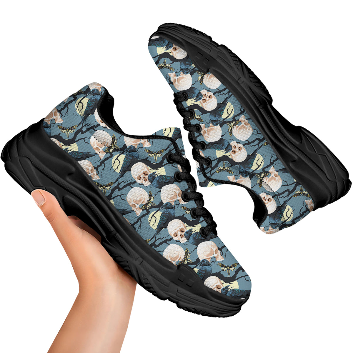 Raven Skull Print Pattern Black Chunky Shoes-grizzshop
