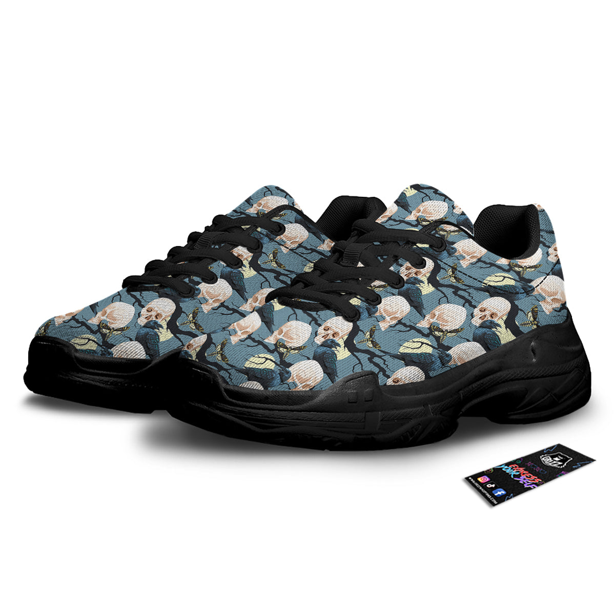 Raven Skull Print Pattern Black Chunky Shoes-grizzshop