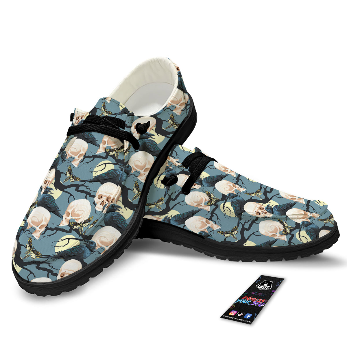 Raven Skull Print Pattern Black Loafers-grizzshop