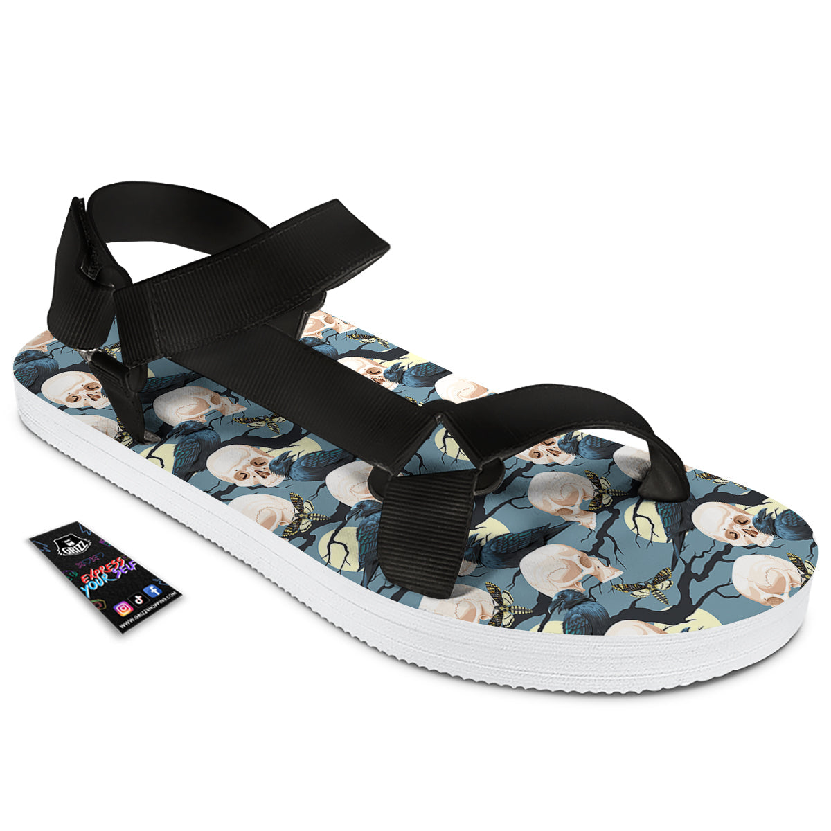 Raven Skull Print Pattern Black Open Toe Sandals-grizzshop