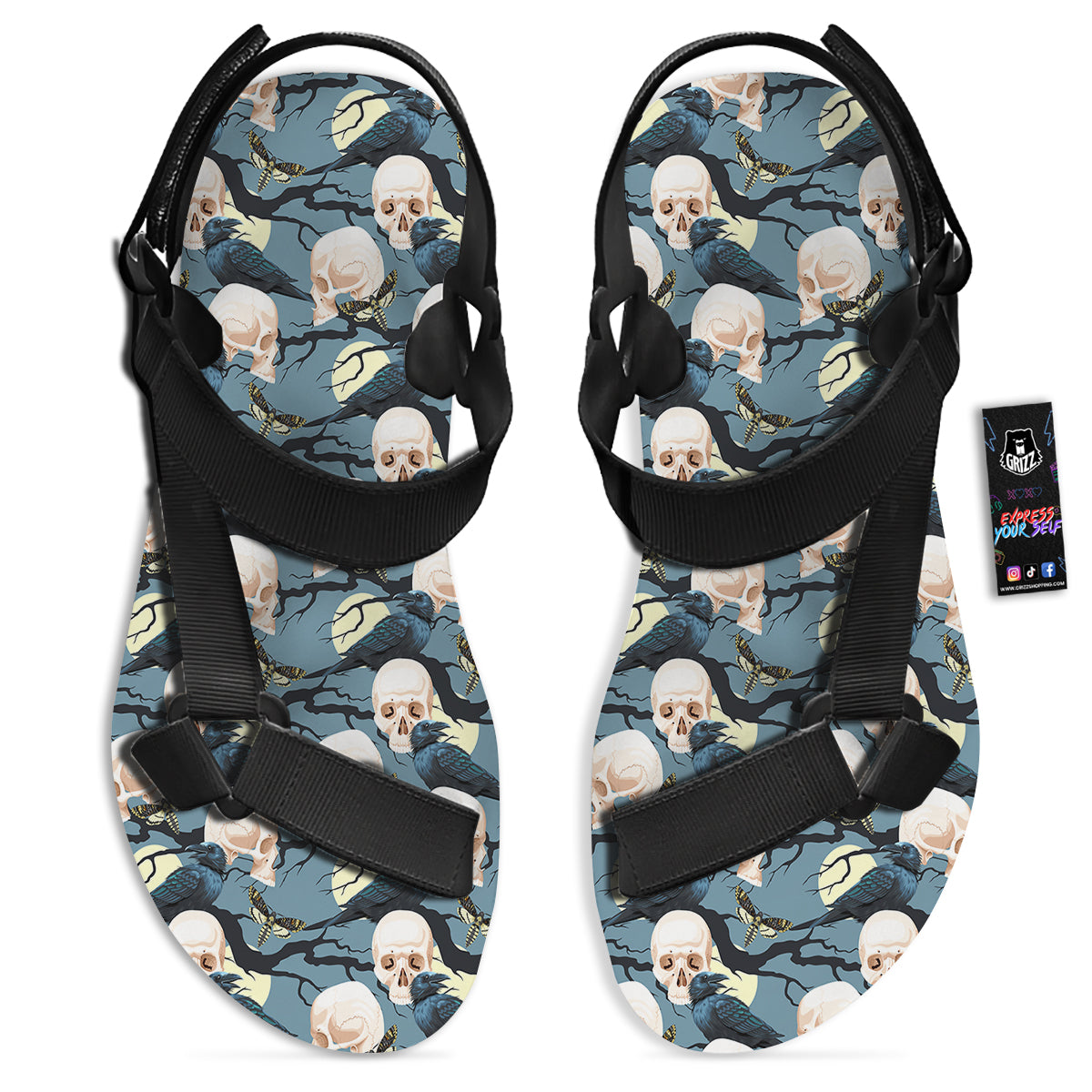 Raven Skull Print Pattern Black Open Toe Sandals-grizzshop